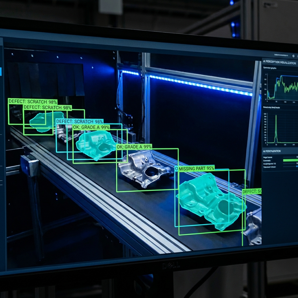 Machine vision system with AI bounding boxes detecting defects and grading parts